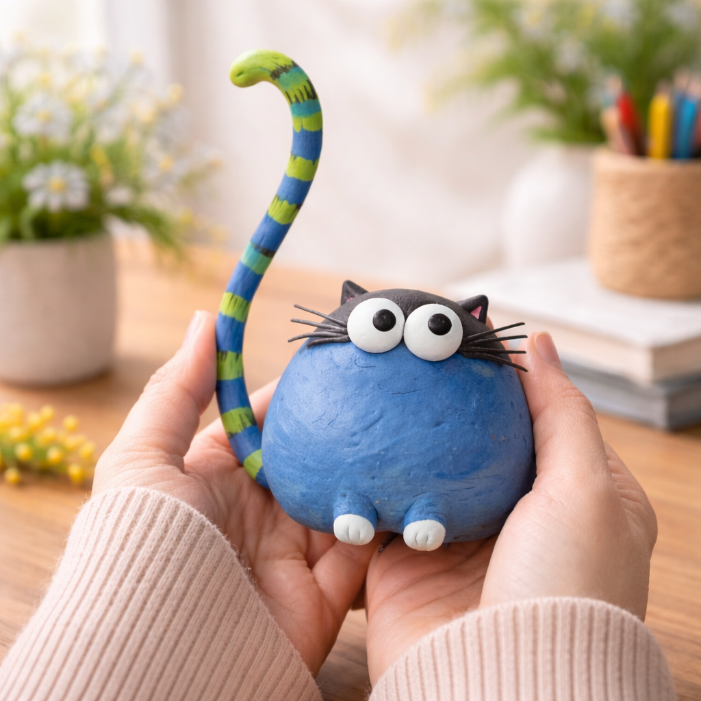 Bloop Blue Cat – Tiny Handmade Clay Desk Buddy