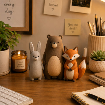 Handmade Air-Dry Clay Woodland Friends Figurine Set – Bunny, Bear & Fox Desk Decor