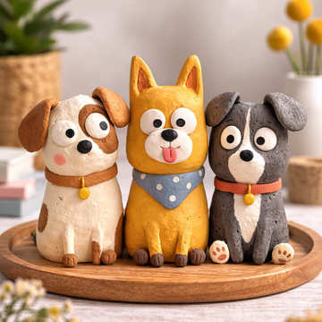 Cute Clay Dog Figurines Set – Funny Puppy Desk Decor – Handmade Animal Mini Statues