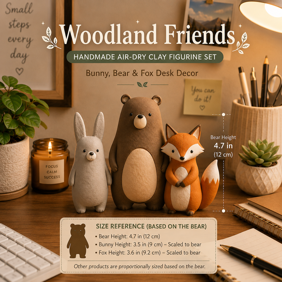 Handmade Air-Dry Clay Woodland Friends Figurine Set – Bunny, Bear & Fox Desk Decor