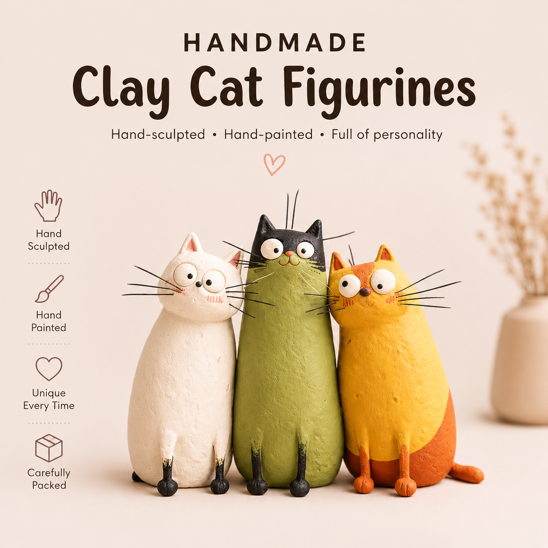 Handmade Clay Cat Figurines – The Supervising Cat Trio