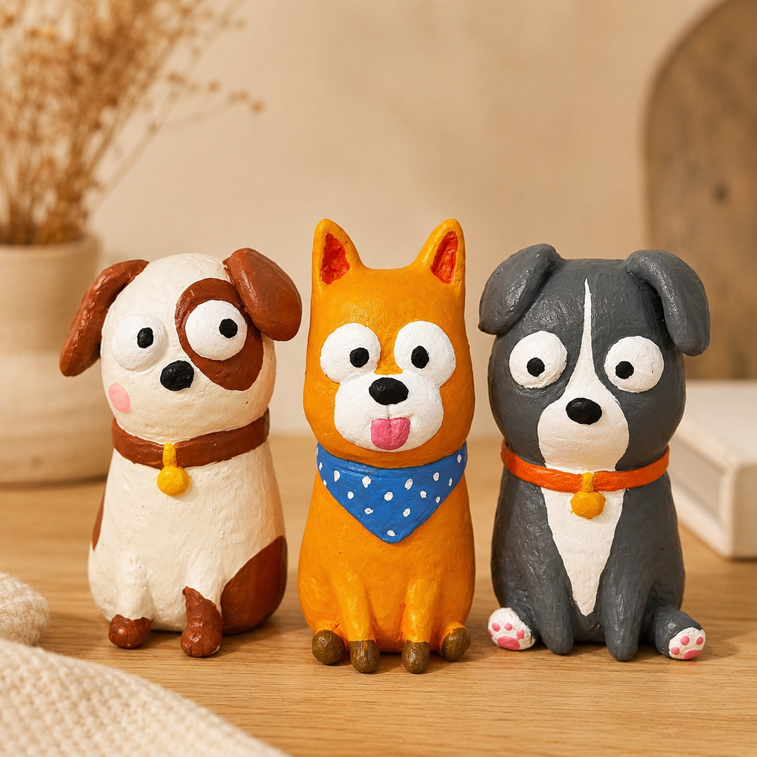 Cute Clay Dog Figurines Set – Funny Puppy Desk Decor – Handmade Animal Mini Statues